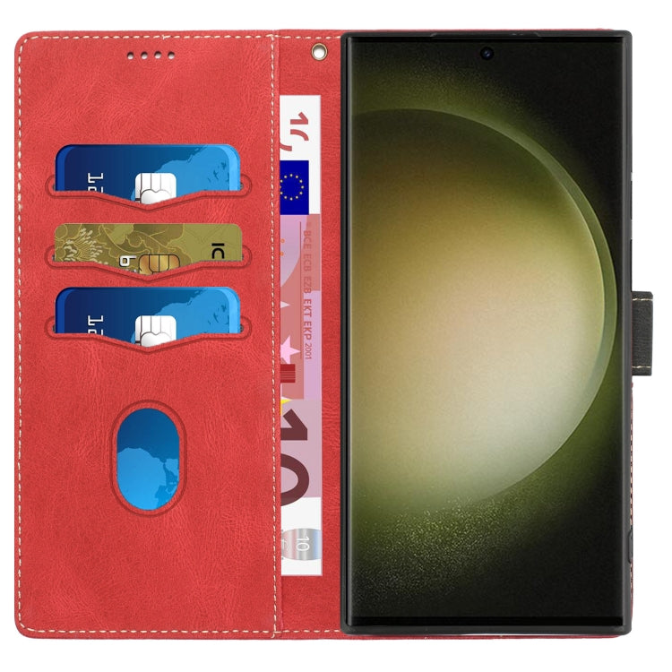 For Samsung Galaxy S25 Ultra 5G Grid Stitching Leather Phone Case with Lanyard(Red)