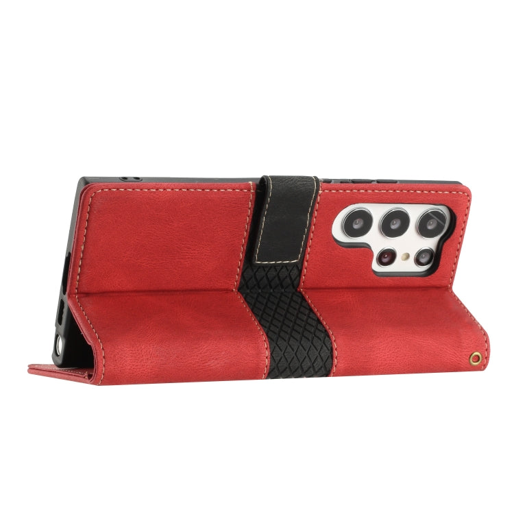 For Samsung Galaxy S25 Ultra 5G Grid Stitching Leather Phone Case with Lanyard(Red)