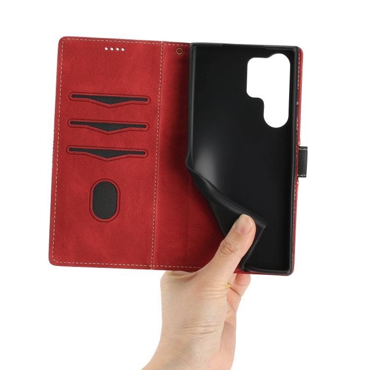 For Samsung Galaxy S25 Ultra 5G Grid Stitching Leather Phone Case with Lanyard(Red)