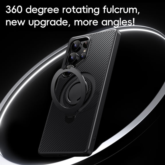 For Samsung Galaxy S25 Ultra 5G Carbon Fiber MagSafe Phone Case with 360 Degree Rotating Holder(Black)