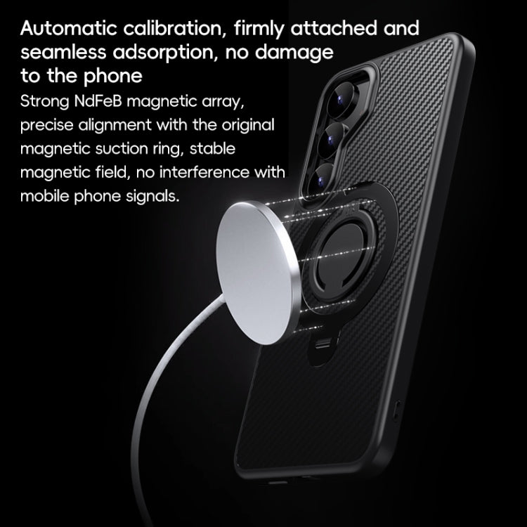 For Samsung Galaxy S25+ 5G Carbon Fiber MagSafe Phone Case with 360 Degree Rotating Holder(Black Grey)