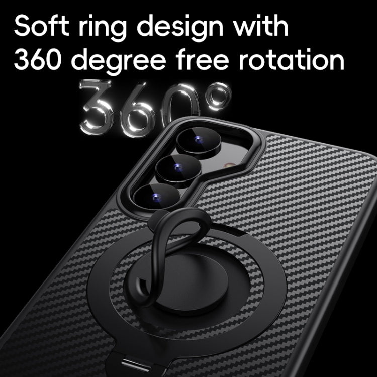 For Samsung Galaxy S25+ 5G Carbon Fiber MagSafe Phone Case with 360 Degree Rotating Holder(Black)