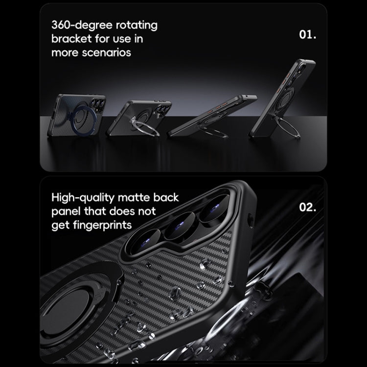For Samsung Galaxy S25+ 5G Carbon Fiber MagSafe Phone Case with 360 Degree Rotating Holder(Black)