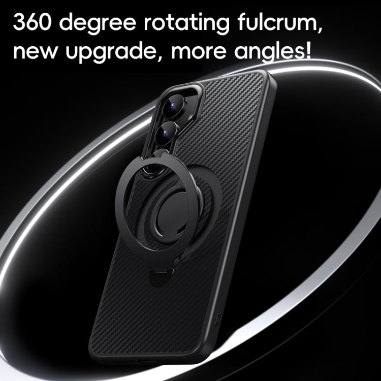 For Samsung Galaxy S25+ 5G Carbon Fiber MagSafe Phone Case with 360 Degree Rotating Holder(Black)