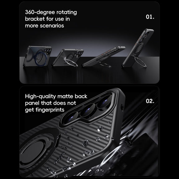 For Samsung Galaxy S25 5G Carbon Fiber MagSafe Phone Case with 360 Degree Rotating Holder(Black Grey)