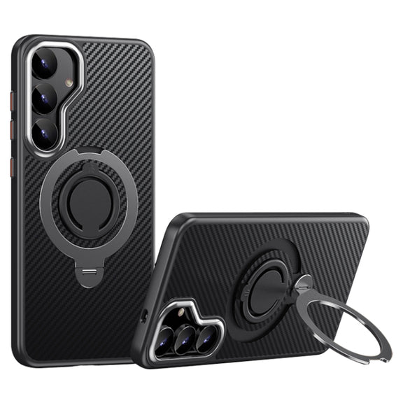 For Samsung Galaxy S25 5G Carbon Fiber MagSafe Phone Case with 360 Degree Rotating Holder(Black Grey)