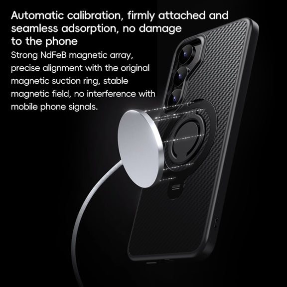 For Samsung Galaxy S25 5G Carbon Fiber MagSafe Phone Case with 360 Degree Rotating Holder(Black Grey)