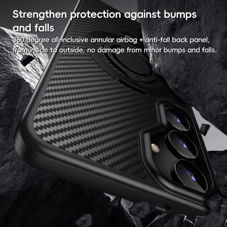 For Samsung Galaxy S25 5G Carbon Fiber MagSafe Phone Case with 360 Degree Rotating Holder(Black Blue)