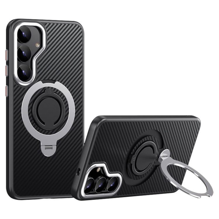 For Samsung Galaxy S25 5G Carbon Fiber MagSafe Phone Case with 360 Degree Rotating Holder(Black Silver)