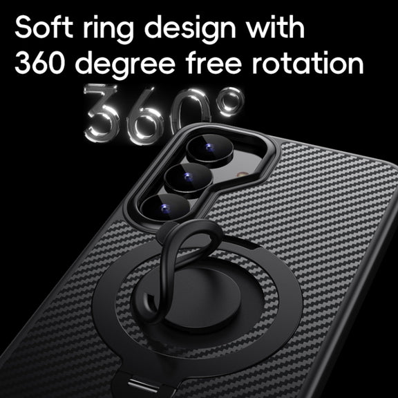 For Samsung Galaxy S25 5G Carbon Fiber MagSafe Phone Case with 360 Degree Rotating Holder(Black Silver)