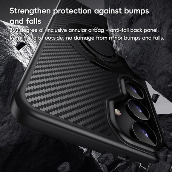 For Samsung Galaxy S25 5G Carbon Fiber MagSafe Phone Case with 360 Degree Rotating Holder(Black Silver)
