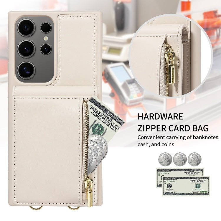 For Samsung Galaxy S25 Ultra 5G Crossbody Lanyard Zipper Wallet Leather Phone Case(Beige)