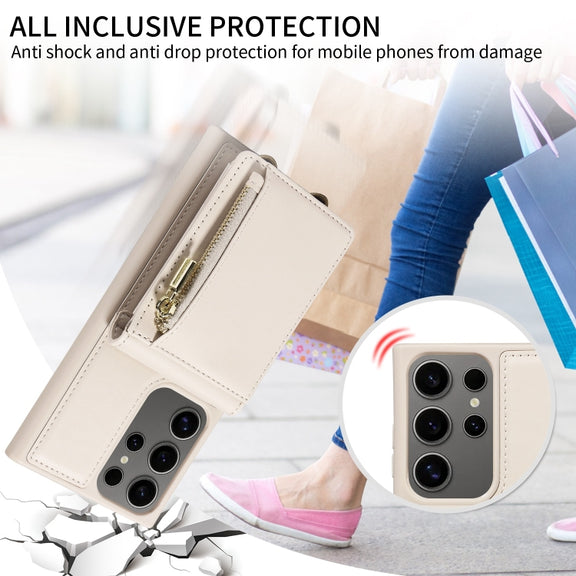 For Samsung Galaxy S25 Ultra 5G Crossbody Lanyard Zipper Wallet Leather Phone Case(Beige)