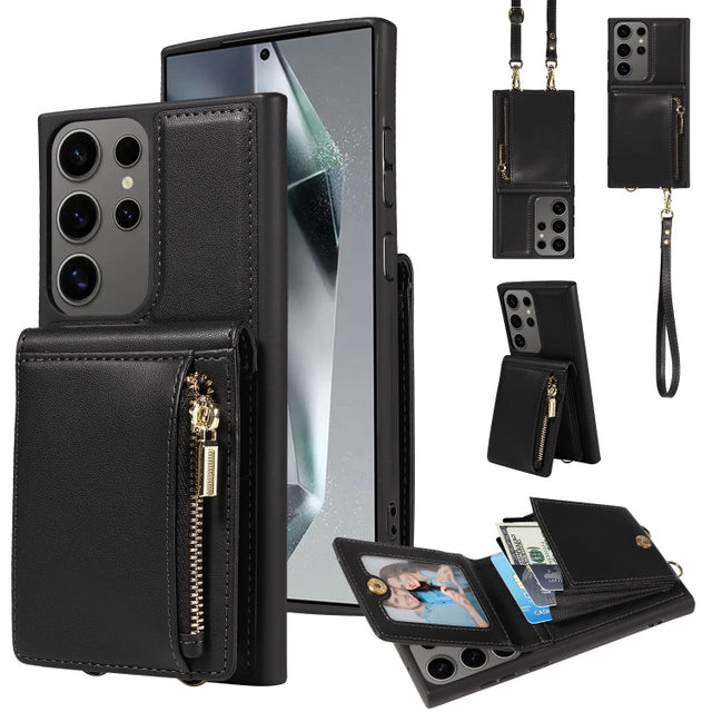 For Samsung Galaxy S25 Ultra 5G Crossbody Lanyard Zipper Wallet Leather Phone Case(Black)
