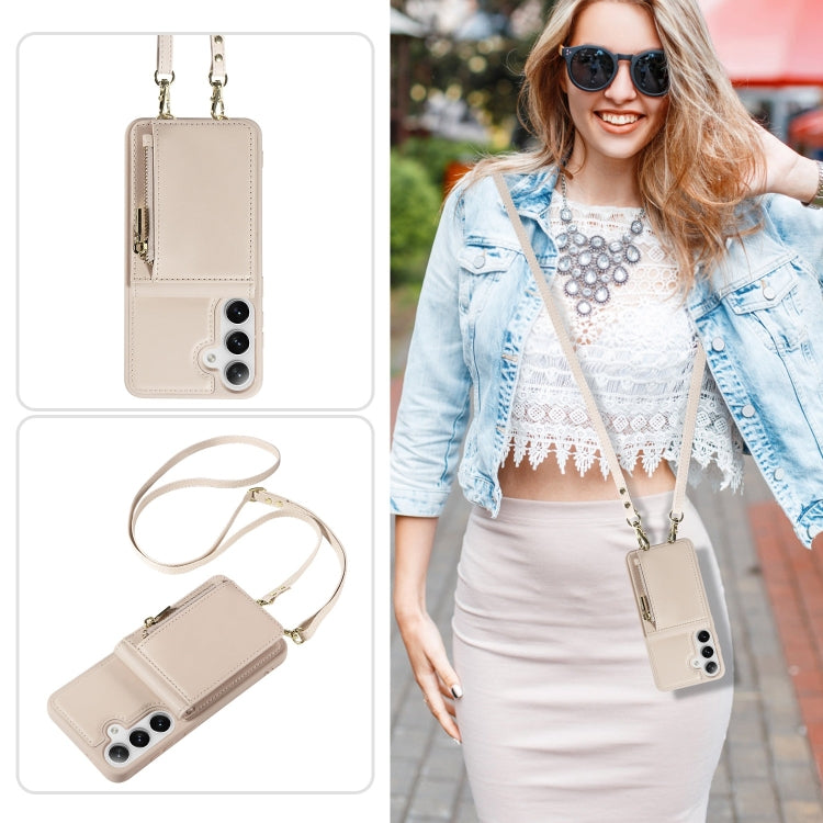 For Samsung Galaxy S25+ 5G Crossbody Lanyard Zipper Wallet Leather Phone Case(Beige)