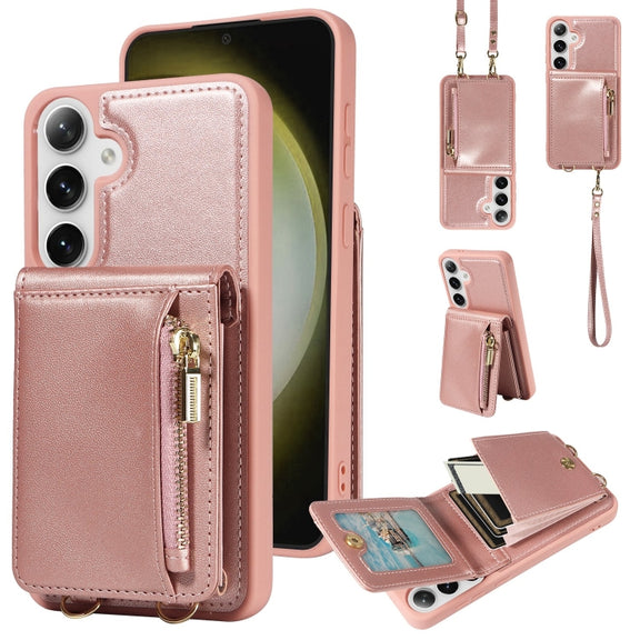 For Samsung Galaxy S25+ 5G Crossbody Lanyard Zipper Wallet Leather Phone Case(Rose Gold)