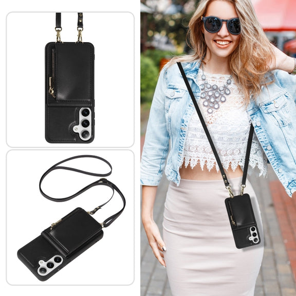 For Samsung Galaxy S25+ 5G Crossbody Lanyard Zipper Wallet Leather Phone Case(Black)