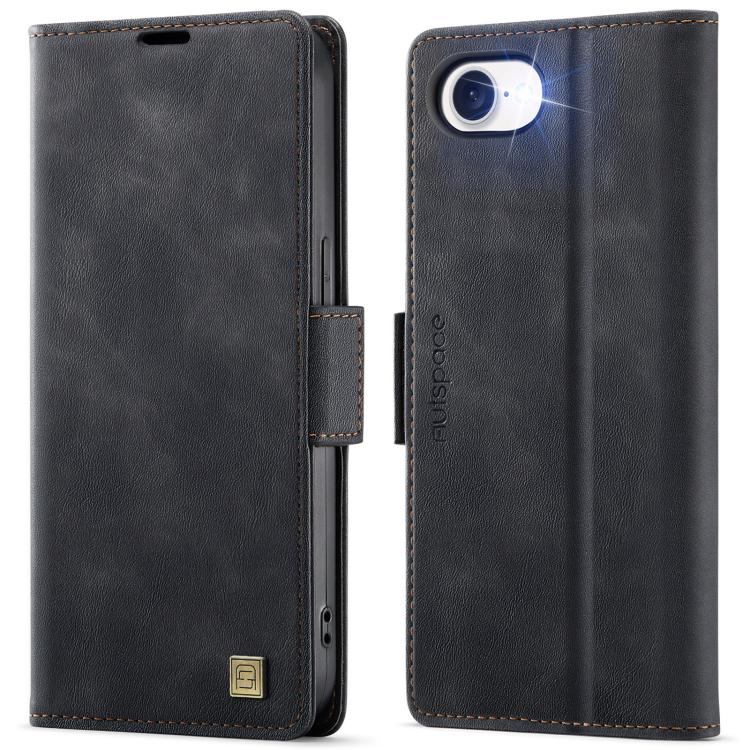 For iPhone 16e AutSpace A11 Side Buckle MagSafe Magnetic RFID Phone Leather Case(Black)