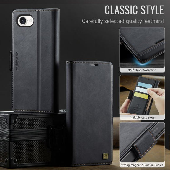 For iPhone 16e AutSpace A11 Side Buckle MagSafe Magnetic RFID Phone Leather Case(Black)