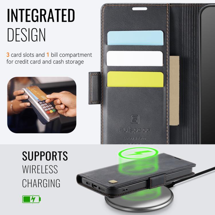 For iPhone 16e AutSpace A11 Side Buckle MagSafe Magnetic RFID Phone Leather Case(Black)