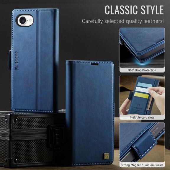 For iPhone 16e AutSpace A11 Side Buckle MagSafe Magnetic RFID Phone Leather Case(Blue)