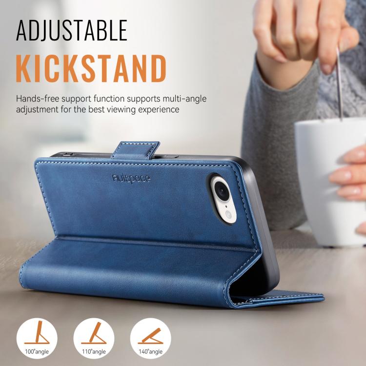 For iPhone 16e AutSpace A11 Side Buckle MagSafe Magnetic RFID Phone Leather Case(Blue)