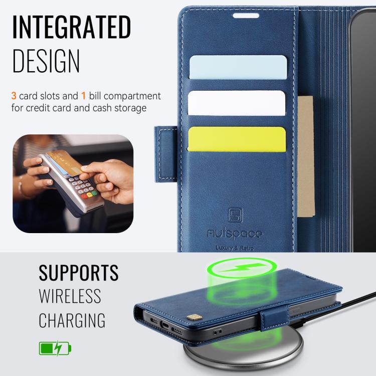 For iPhone 16e AutSpace A11 Side Buckle MagSafe Magnetic RFID Phone Leather Case(Blue)