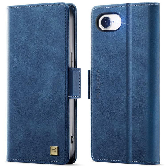 For iPhone 16e AutSpace A11 Side Buckle MagSafe Magnetic RFID Phone Leather Case(Blue)