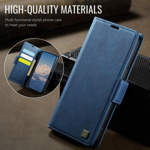For iPhone 16e AutSpace A11 Side Buckle MagSafe Magnetic RFID Phone Leather Case(Blue)