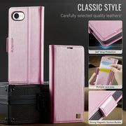 For iPhone 16e AutSpace A11 Side Buckle MagSafe Magnetic RFID Phone Leather Case(Rose Gold)