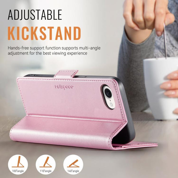 For iPhone 16e AutSpace A11 Side Buckle MagSafe Magnetic RFID Phone Leather Case(Rose Gold)