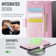 For iPhone 16e AutSpace A11 Side Buckle MagSafe Magnetic RFID Phone Leather Case(Rose Gold)