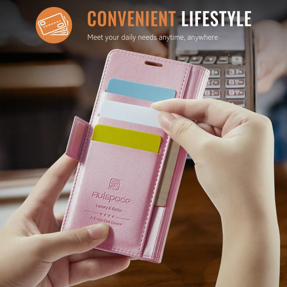 For iPhone 16e AutSpace A11 Side Buckle MagSafe Magnetic RFID Phone Leather Case(Rose Gold)