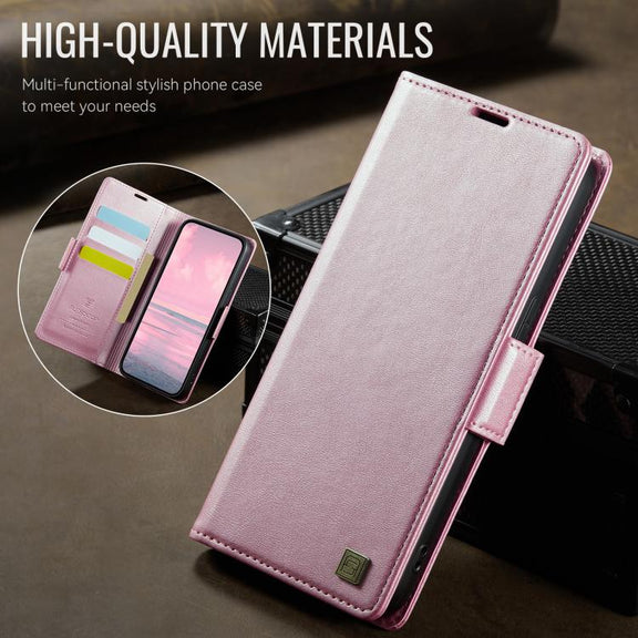 For iPhone 16e AutSpace A11 Side Buckle MagSafe Magnetic RFID Phone Leather Case(Rose Gold)