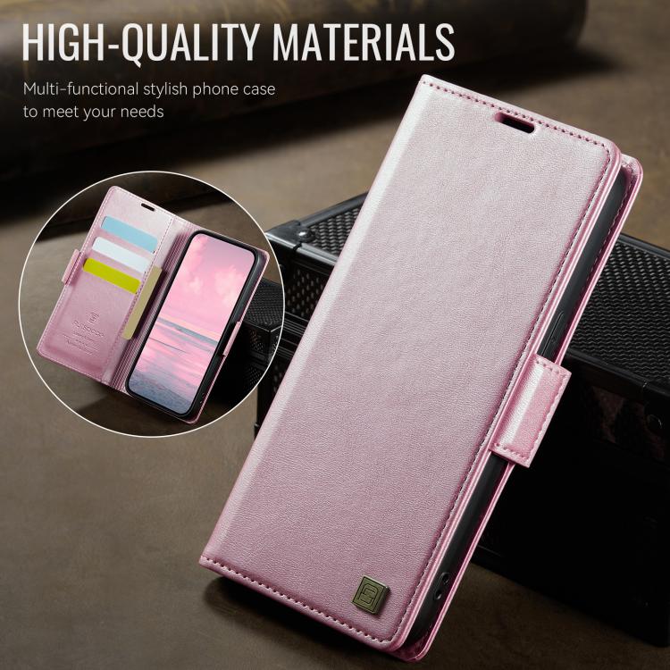 For iPhone 16e AutSpace A11 Side Buckle MagSafe Magnetic RFID Phone Leather Case(Rose Gold)