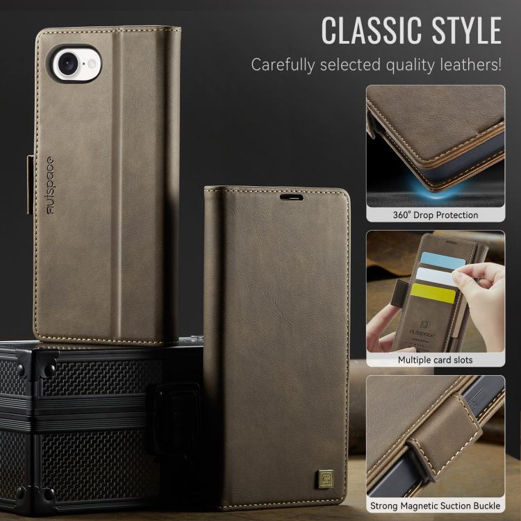 For iPhone 16e AutSpace A11 Side Buckle MagSafe Magnetic RFID Phone Leather Case(Coffee)
