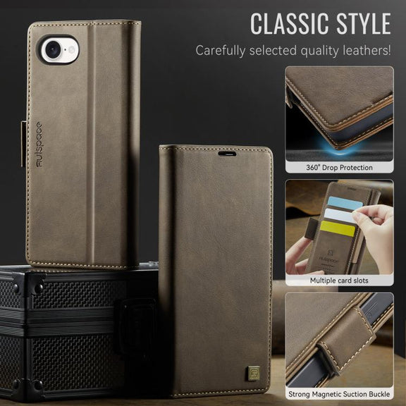 For iPhone 16e AutSpace A11 Side Buckle MagSafe Magnetic RFID Phone Leather Case(Coffee)