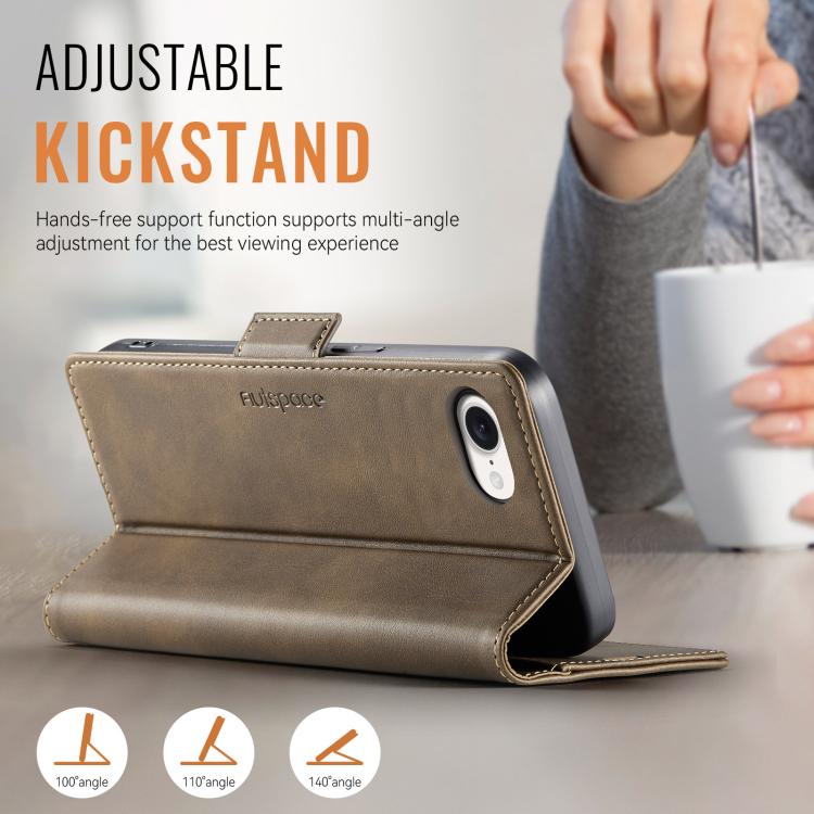 For iPhone 16e AutSpace A11 Side Buckle MagSafe Magnetic RFID Phone Leather Case(Coffee)