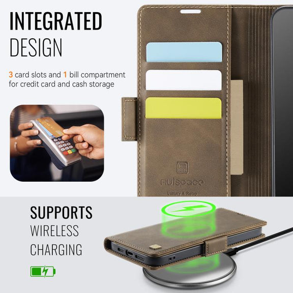 For iPhone 16e AutSpace A11 Side Buckle MagSafe Magnetic RFID Phone Leather Case(Coffee)