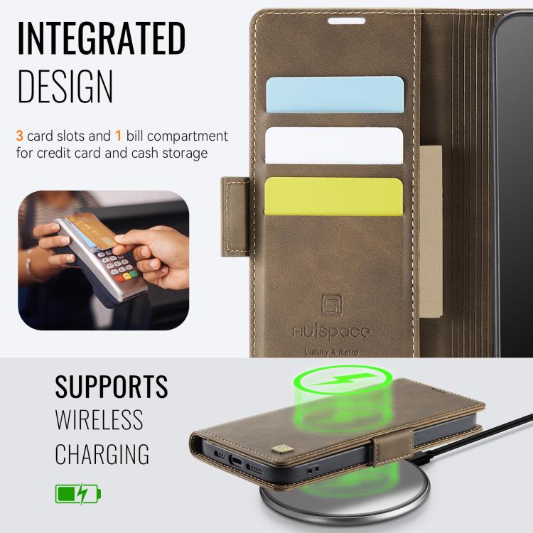 For iPhone 16e AutSpace A11 Side Buckle MagSafe Magnetic RFID Phone Leather Case(Coffee)