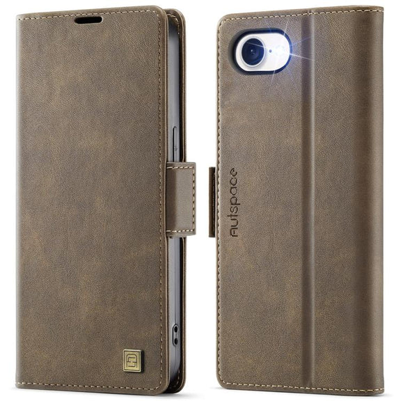 For iPhone 16e AutSpace A11 Side Buckle MagSafe Magnetic RFID Phone Leather Case(Coffee)