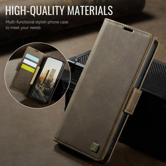 For iPhone 16e AutSpace A11 Side Buckle MagSafe Magnetic RFID Phone Leather Case(Coffee)