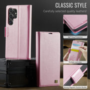 For Samsung Galaxy S25 Ultra 5G AutSpace A11 Side Buckle MagSafe Magnetic RFID Phone Leather Case(Rose Gold)