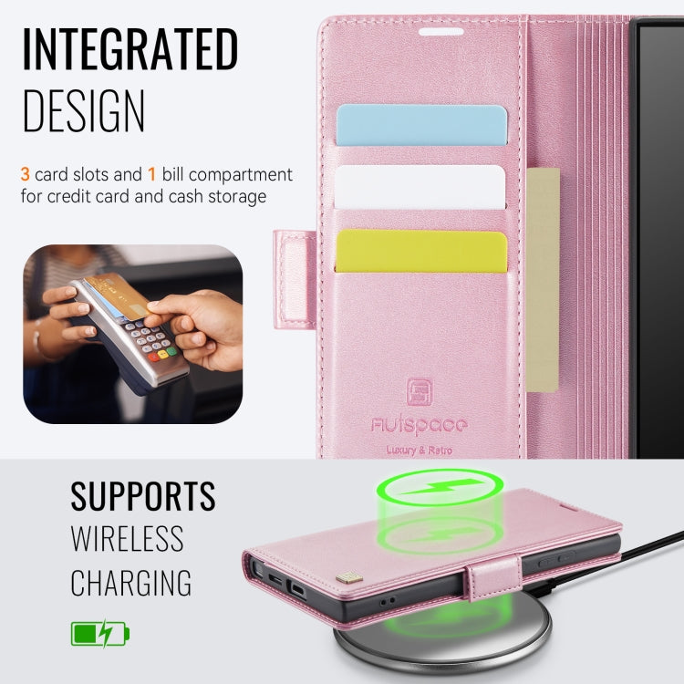 For Samsung Galaxy S25 Ultra 5G AutSpace A11 Side Buckle MagSafe Magnetic RFID Phone Leather Case(Rose Gold)