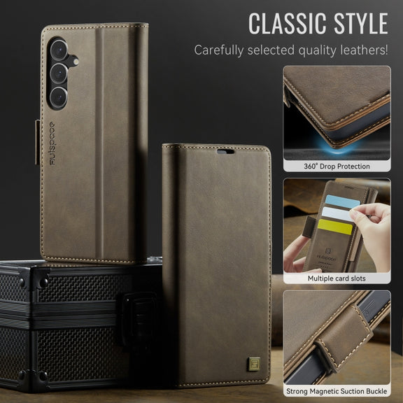 For Samsung Galaxy S25+ 5G AutSpace A11 Side Buckle MagSafe Magnetic RFID Phone Leather Case(Coffee)