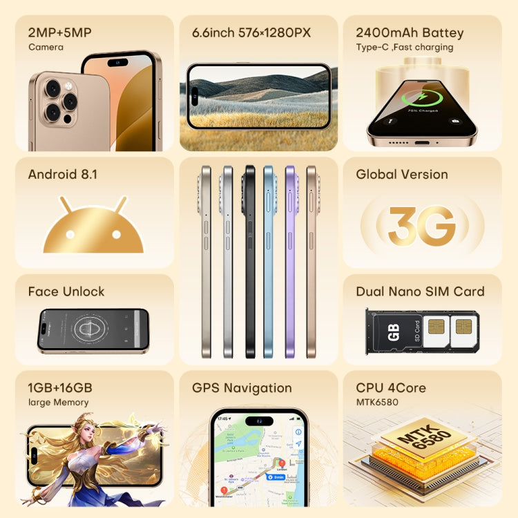 U218 / i16 Pro Max, 1GB+16GB, 6.6 inch Android 8.1 MTK6580A Quad Core, OTG, Network: 3G, Dual SIM, Plug:EU Plug(Blue)