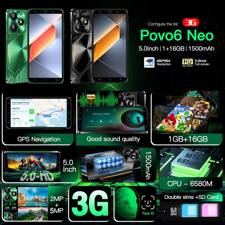 Povo6 Neo / DP29, 1GB+16GB, Face Identification, 5.0 inch Android 8.1 MTK6580M Quad Core, Network: 3G, Dual SIM, Plug:US Plug(Black)