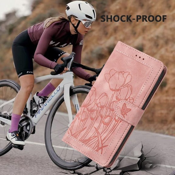 For iPhone 16e Tulips Embossed Leather Phone Case with Lanyard(Pink)