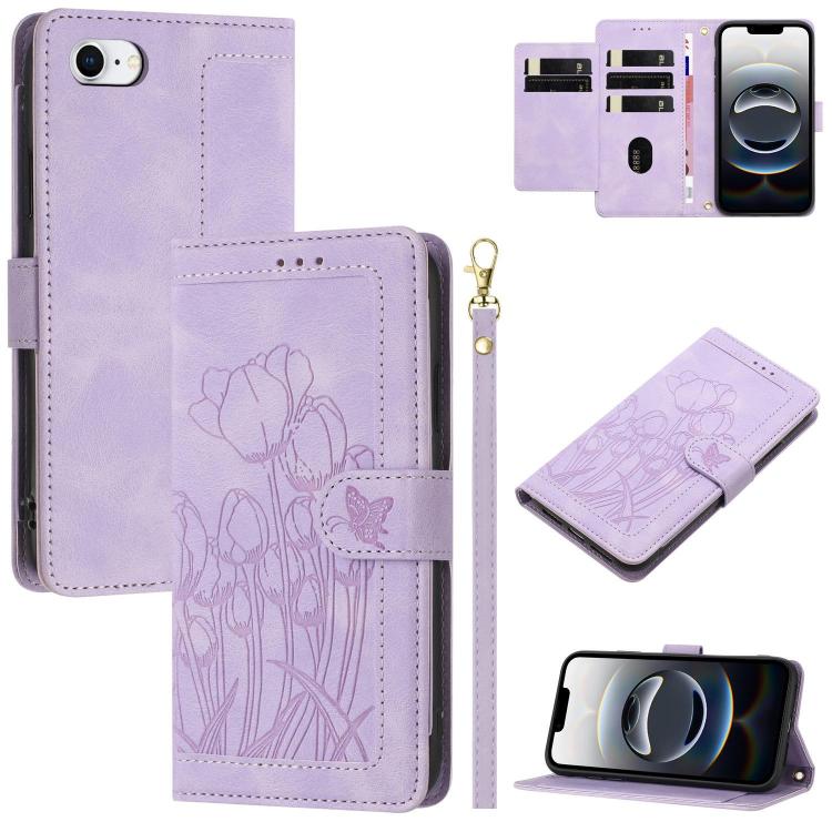 For iPhone 16e Tulips Embossed Leather Phone Case with Lanyard(Purple)