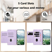 For iPhone 16e Tulips Embossed Leather Phone Case with Lanyard(Purple)